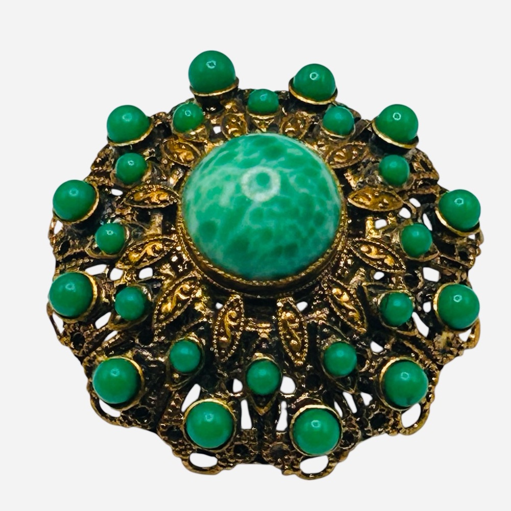 Vintage West Germany Green Glass Filigree Brooch